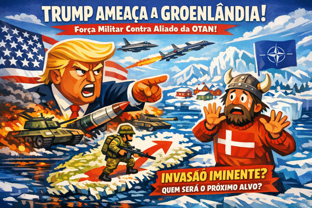 Mapa da Groenlândia destacando localização estratégica entre EUA e Europa no Ártico