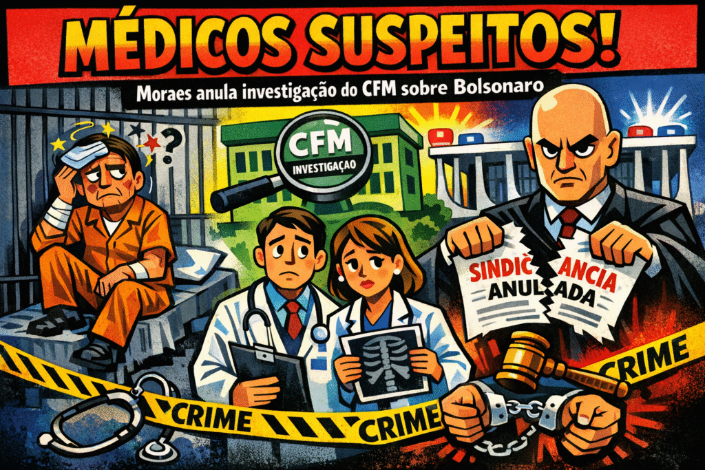 Alexandre de Moraes e símbolos do CFM representando conflito entre STF e medicina
