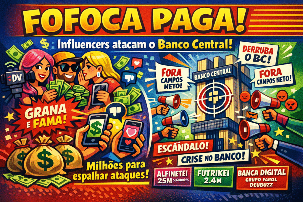 Ilustração sobre campanha coordenada de influenciadores digitais atacando Banco Central