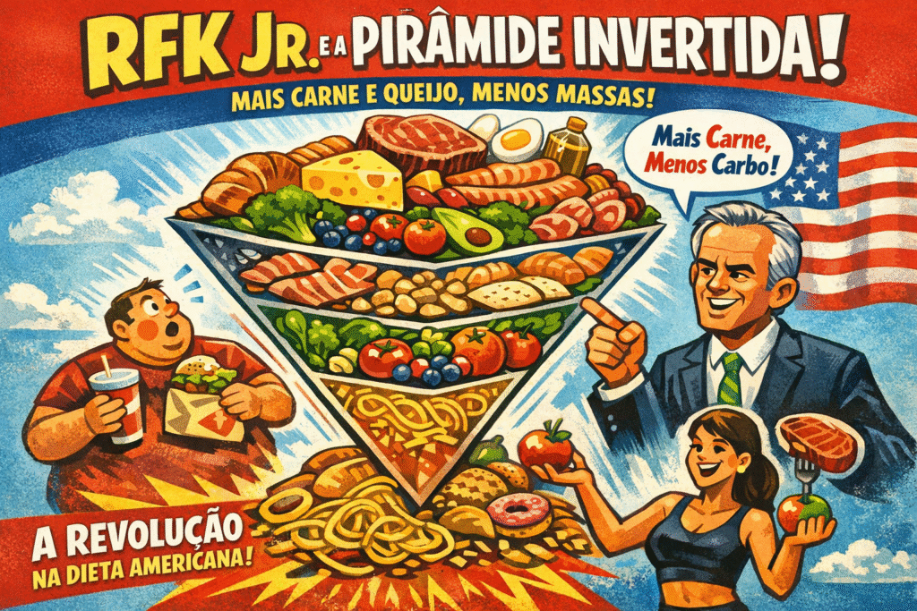 Nova pirâmide alimentar americana invertida de RFK Jr. com proteínas no topo