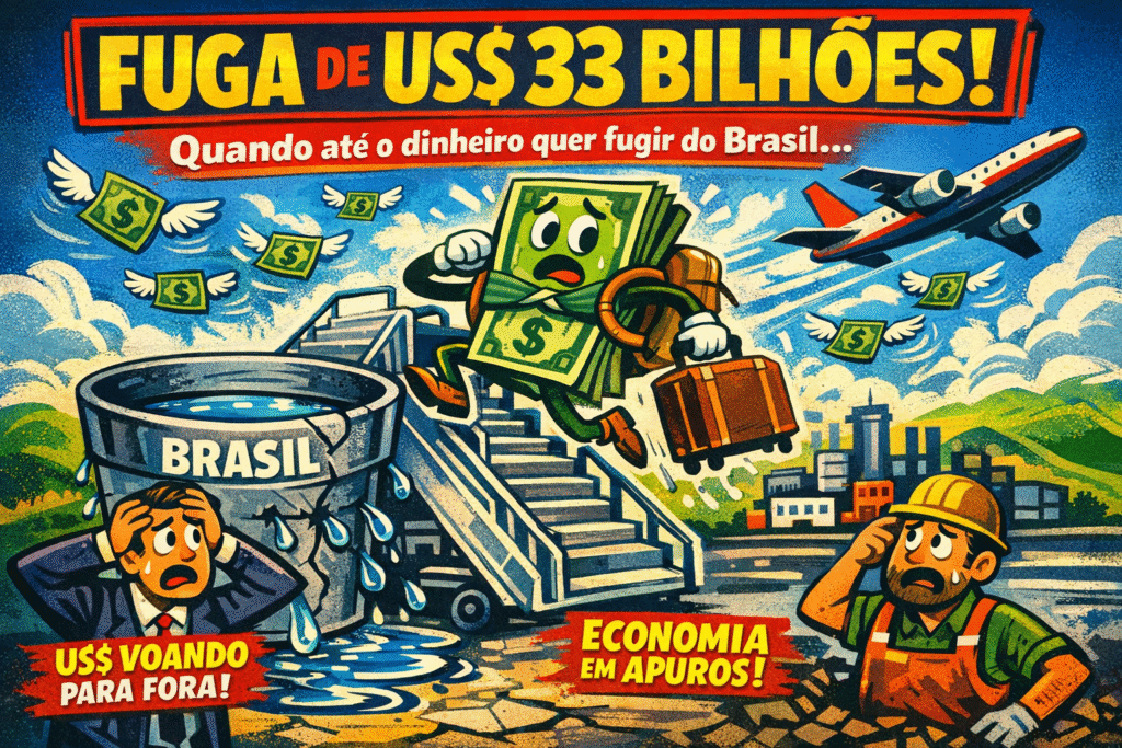 Gráfico mostrando fuga de US$ 33 bilhões do Brasil em 2025 e principais causas