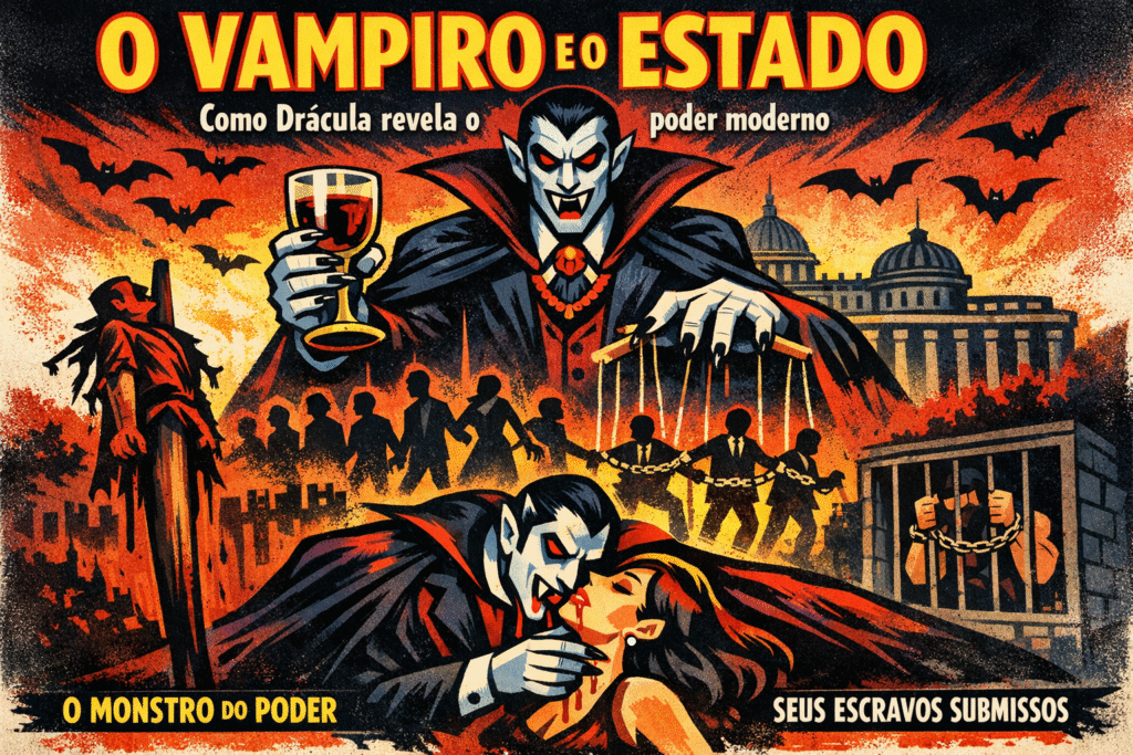 Ilustração gótica de Drácula como metáfora do Estado totalitário e vampirismo político moderno