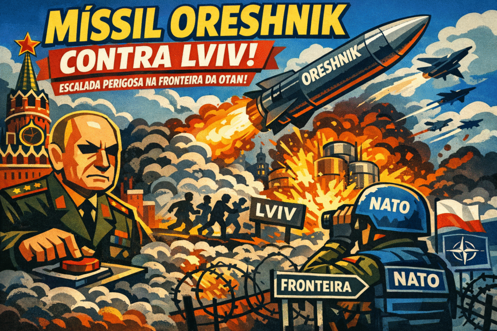 Míssil hipersônico russo Oreshnik sendo lançado contra território ucraniano próximo à fronteira da OTAN