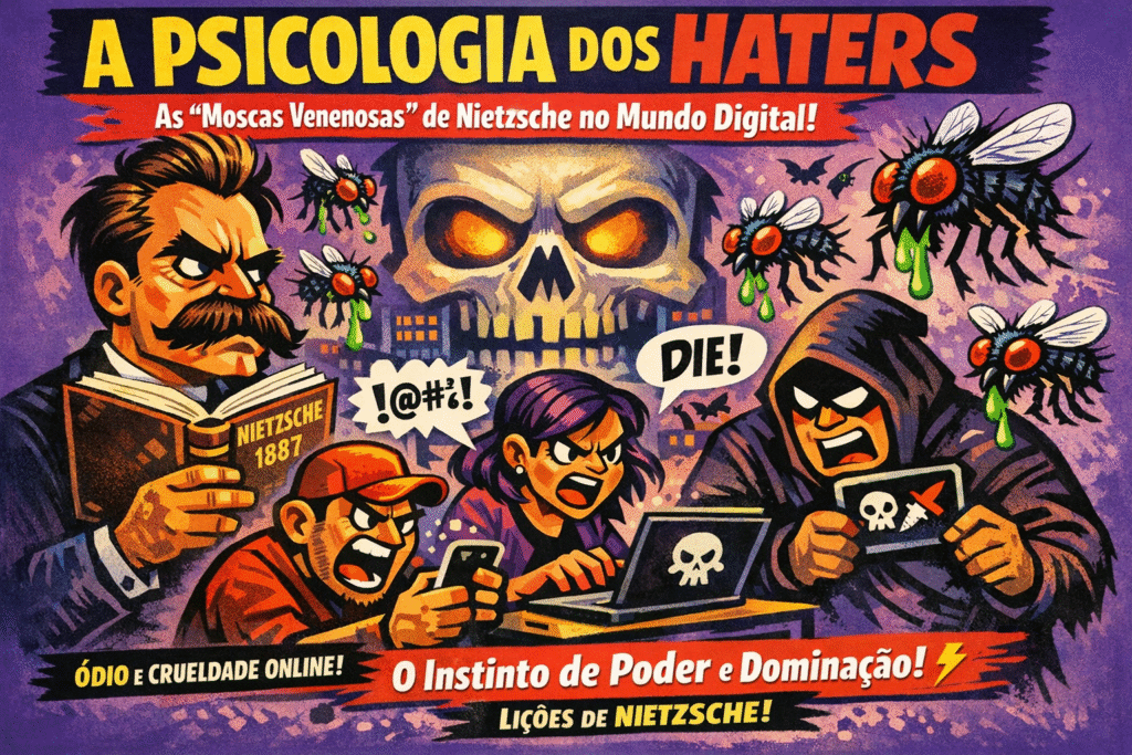 Ilustração conceitual mostrando moscas em torno de uma tela de computador, representando a metáfora nietzschiana das moscas venenosas no ambiente digital