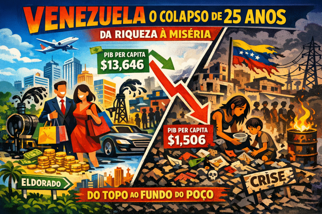 Bandeira da Venezuela com símbolos econômicos representando crise e declínio do PIB sob governos chavistas