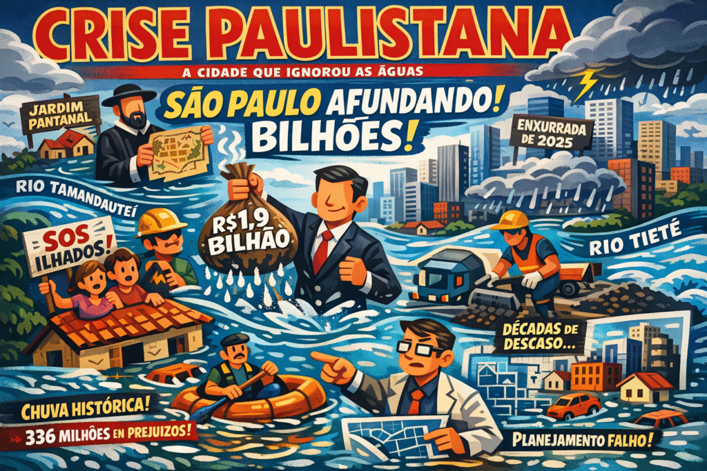 Moradores navegam em barcos improvisados pelas ruas alagadas do Jardim Pantanal durante enchente em São Paulo