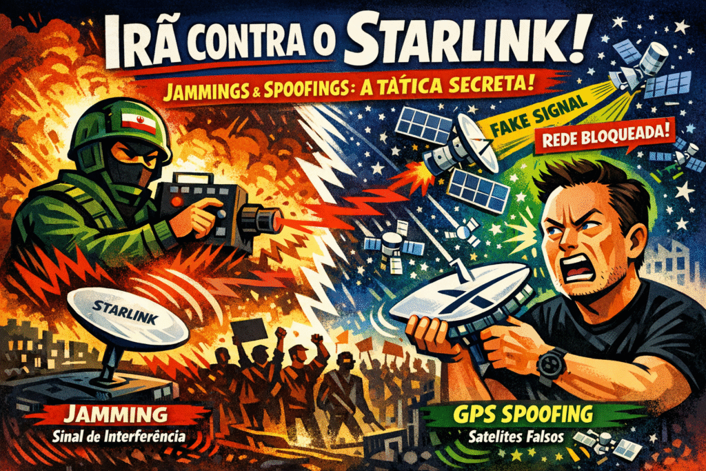 Antena Starlink com interferência eletrônica durante bloqueio iraniano de janeiro 2026