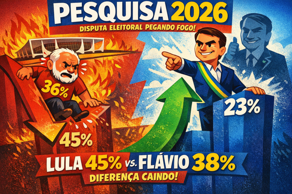 Gráfico mostra números da pesquisa Quaest para eleições 2026 com Lula e Flávio Bolsonaro em disputa presidencial