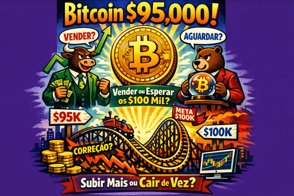 Gráfico do Bitcoin mostrando cotação próxima a US$ 95 mil com análise técnica e resistência em US$ 100 mil