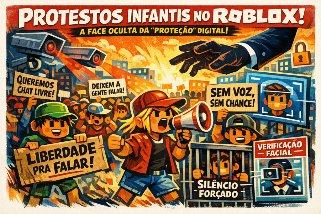 Avatares de crianças protestando no jogo Roblox com cartazes virtuais pedindo retorno do chat de voz
