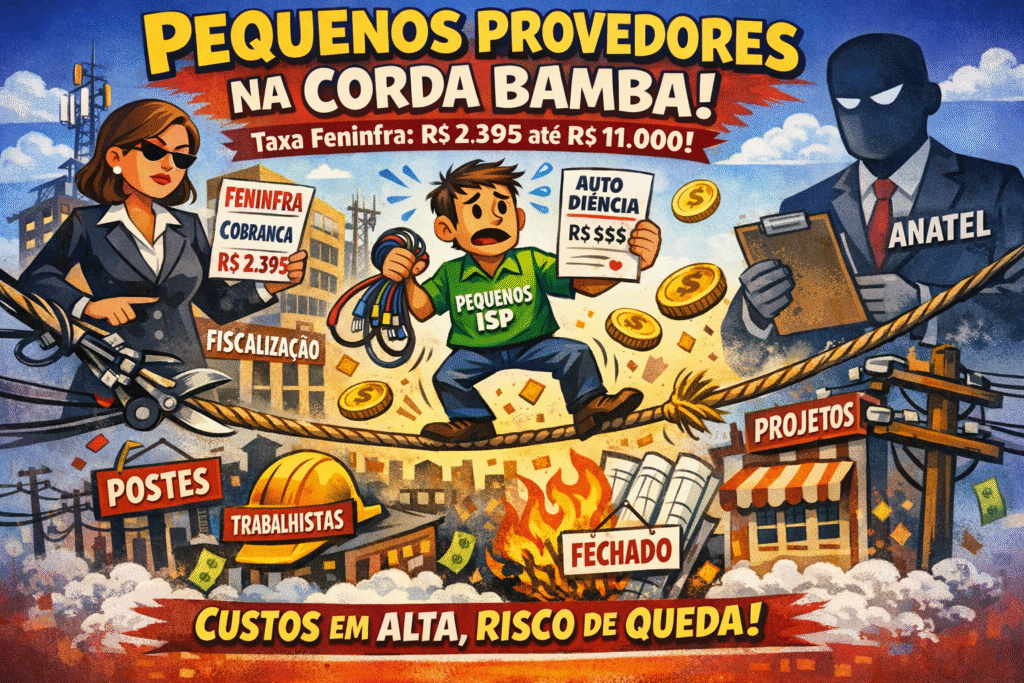 Documentos burocráticos e calculadora simbolizando custos regulatórios para pequenos provedores de internet