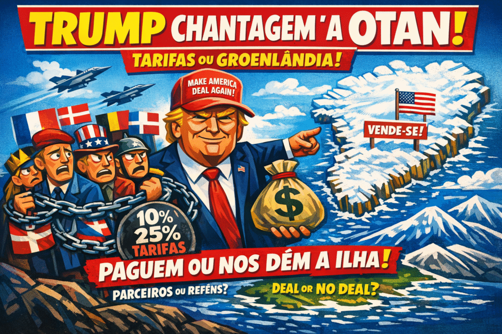 Mapa da Groenlândia destacando sua posição estratégica no Ártico entre América e Europa