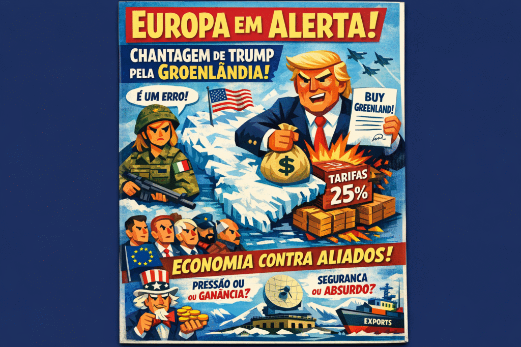 Mapa da Groenlândia destacando posição estratégica entre América e Europa