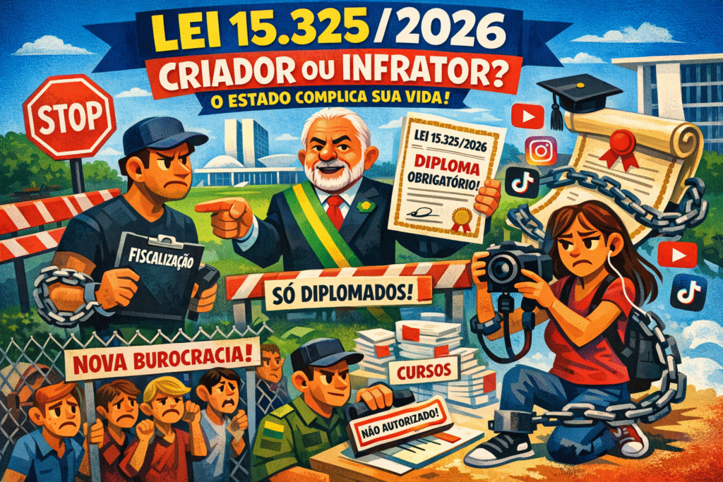 Ilustração representando regulamentação estatal sobre criação de conteúdo digital e profissão multimídia