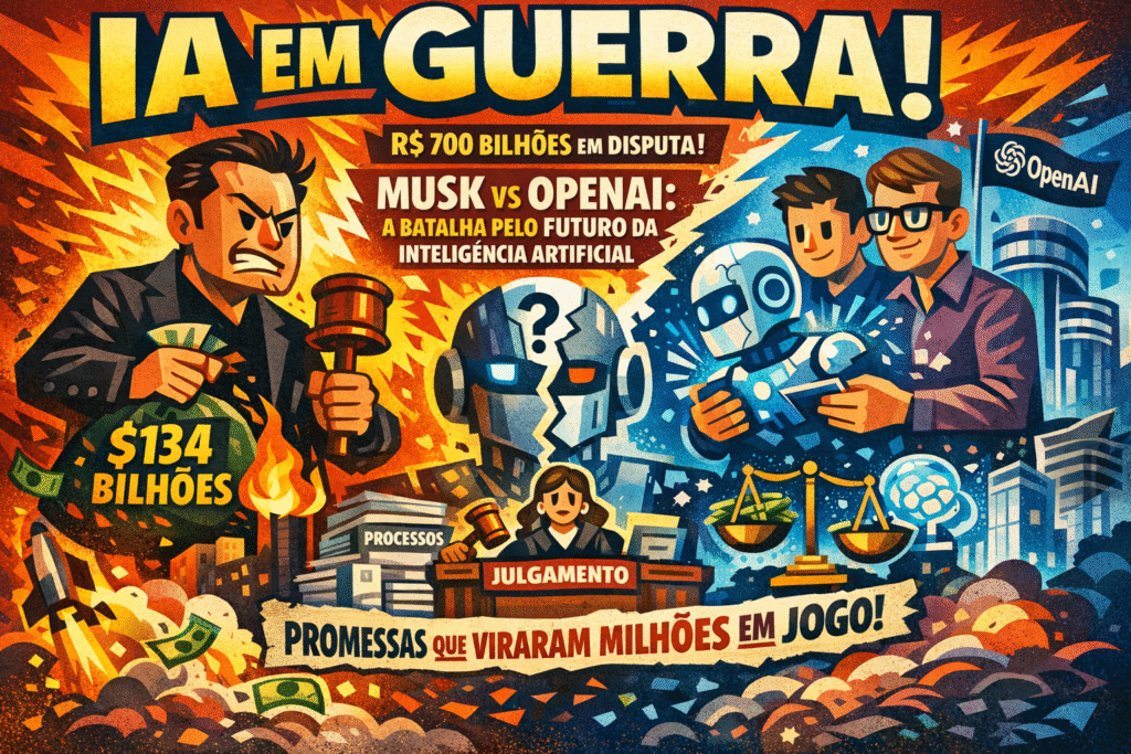 Elon Musk e logo da OpenAI representando disputa judicial bilionária sobre estrutura organizacional da empresa de IA