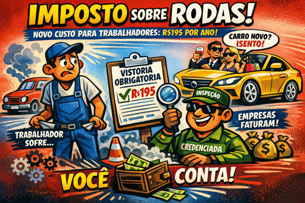 Ilustração sobre nova lei de vistoria obrigatória para veículos com mais de cinco anos no Brasil