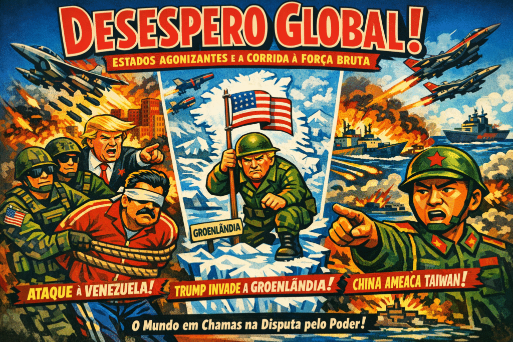 Mapa mundial mostrando tensões geopolíticas entre Estados Unidos, China e operações militares globais em 2026