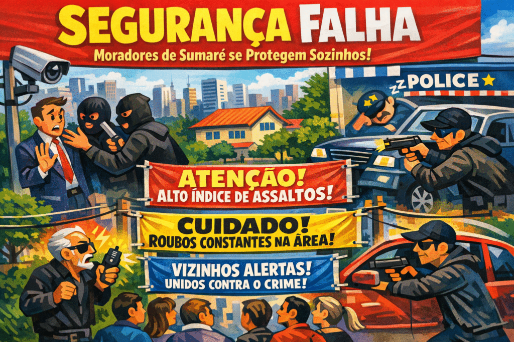 Moradores instalando faixas de alerta sobre assaltos nas ruas do bairro Sumaré, zona oeste de São Paulo