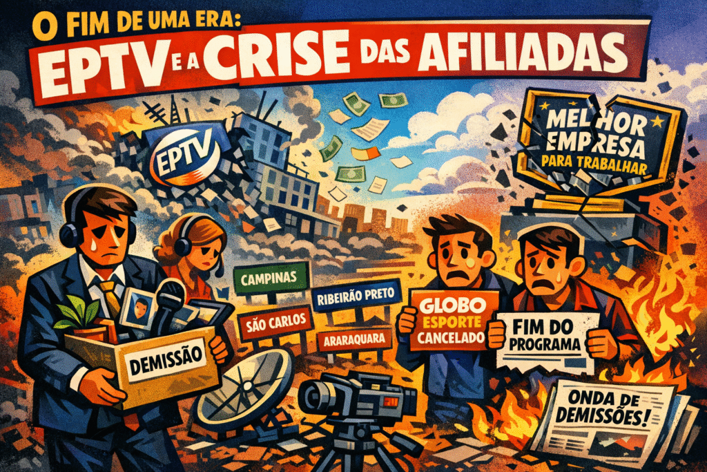 Estúdio de TV vazio simbolizando crise das afiliadas brasileiras com demissões em massa