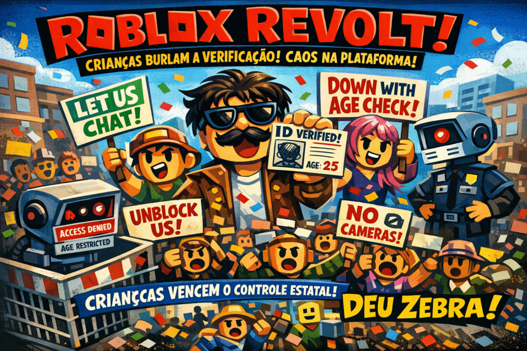 Crianças protestando virtualmente no Roblox contra novas regras de verificação de idade para chat