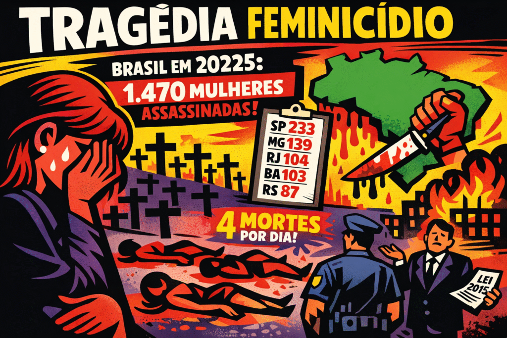 Gráfico mostrando estatísticas de feminicídios no Brasil em 2025 com números por estado e evolução histórica desde 2015