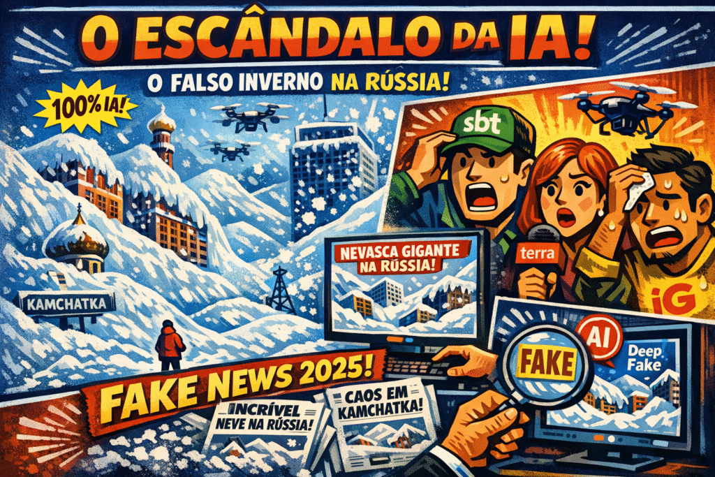 Vídeos falsos gerados por IA mostram nevasca inexistente cobrindo prédios na Rússia, enganando veículos brasileiros