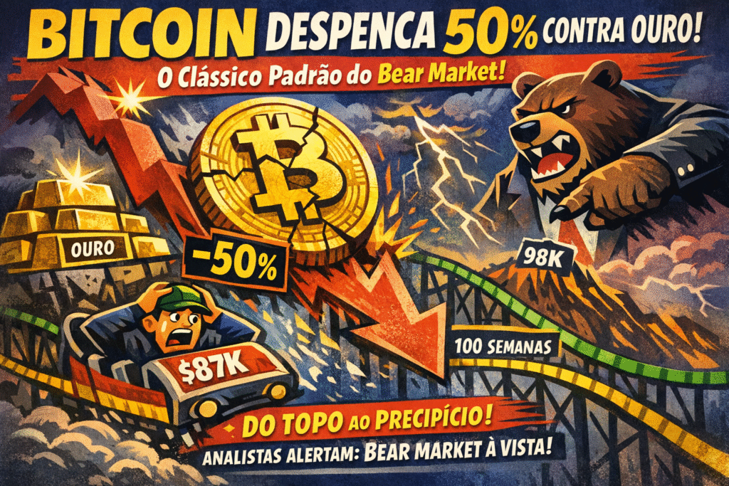 Gráfico mostrando queda do Bitcoin versus valorização do ouro em 2025, com análise técnica de bear market