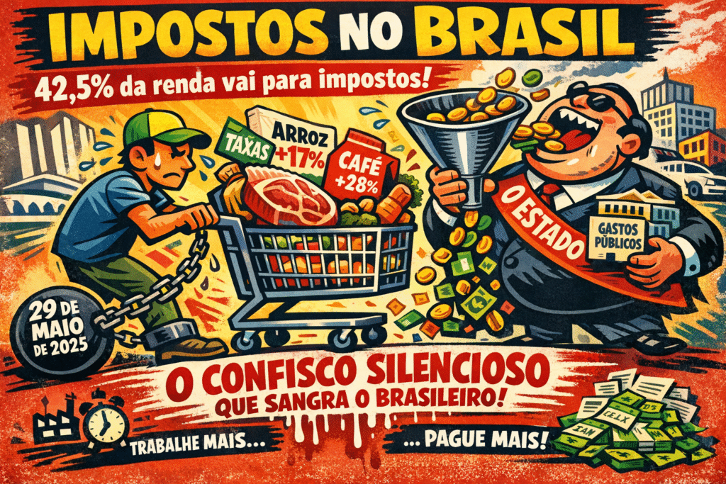 Gráfico mostrando carga tributária brasileira de 42,5% com comparação internacional de dias trabalhados para pagar impostos