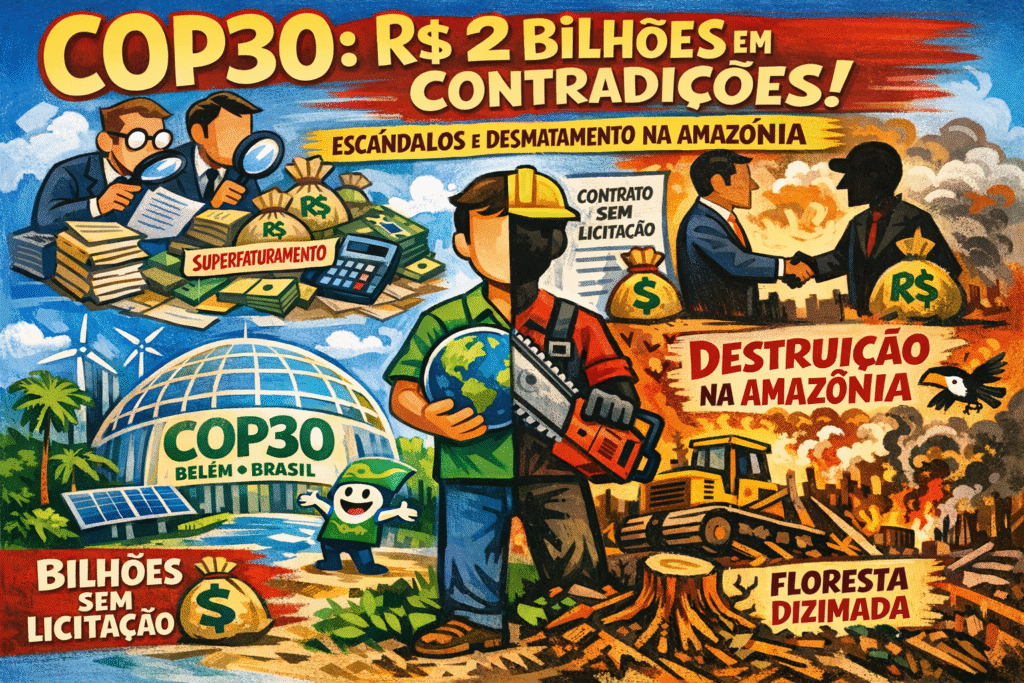 Foto aérea das obras de infraestrutura para a COP30 em Belém, mostrando áreas desmatadas e construções em andamento na região amazônica
