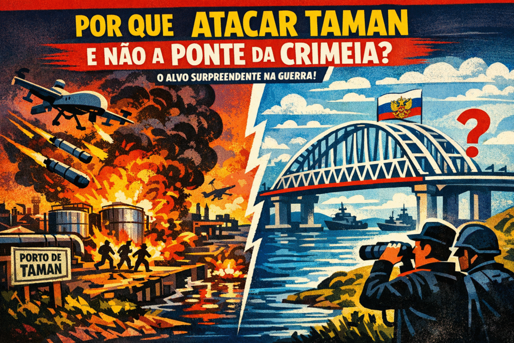 Porto de Taman na região de Krasnodar após ataque ucraniano com drones, mostrando incêndio em terminais de combustível