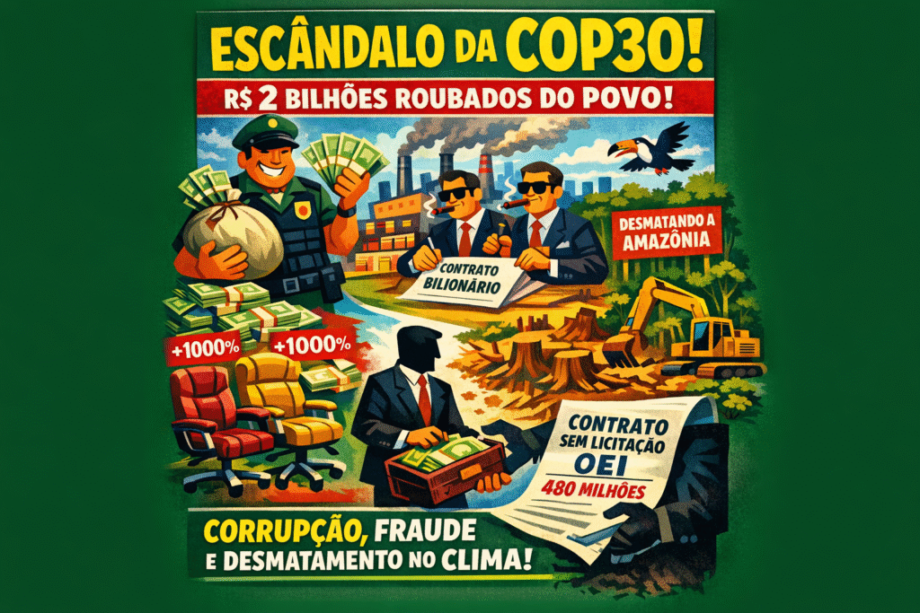 Policial militar com maços de dinheiro representando escândalo da COP30 com R$ 48 milhões em saques suspeitos