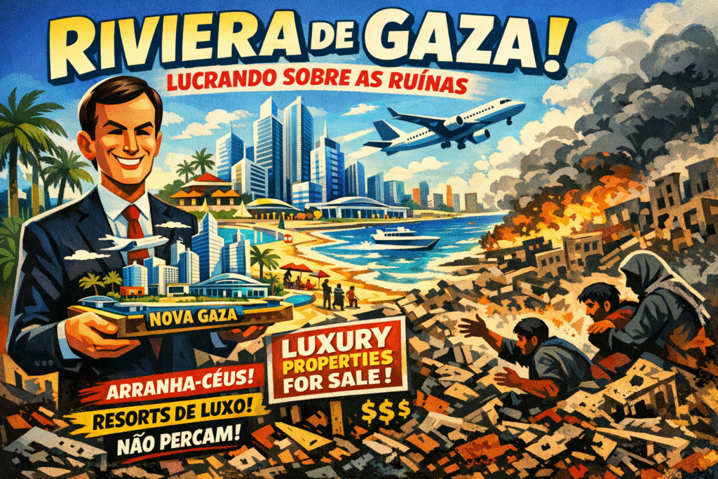 Maquete do plano de reconstrução de Gaza apresentado por Jared Kushner em Davos com arranha-céus e complexo turístico