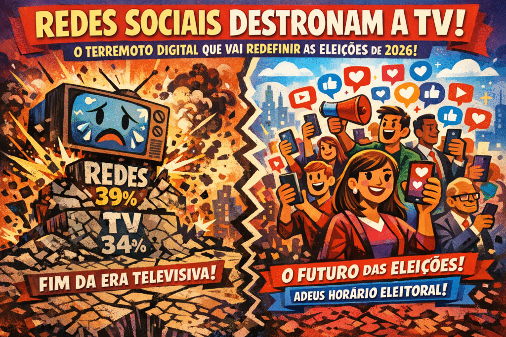 Gráfico mostrando redes sociais (39%) superando TV (34%) como fonte de informação política no Brasil em 2026