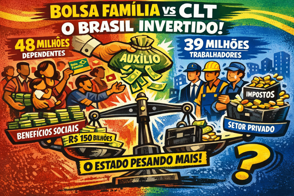 Gráfico comparativo mostrando 48,9 milhões no Bolsa Família versus 39,1 milhões com carteira assinada no Brasil