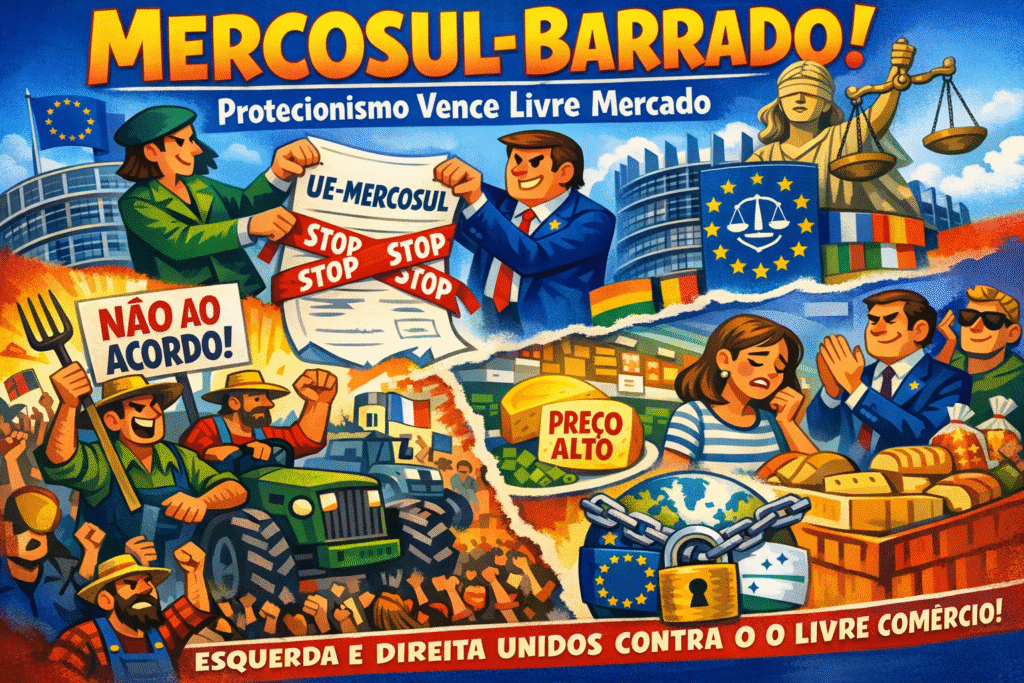 Bandeiras do Mercosul e União Europeia lado a lado representando acordo comercial bloqueado pelo Parlamento Europeu