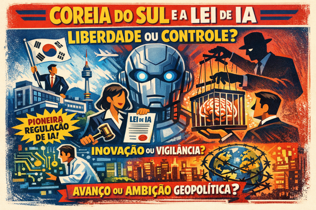 Bandeira da Coreia do Sul com símbolos de inteligência artificial representando nova lei regulatória