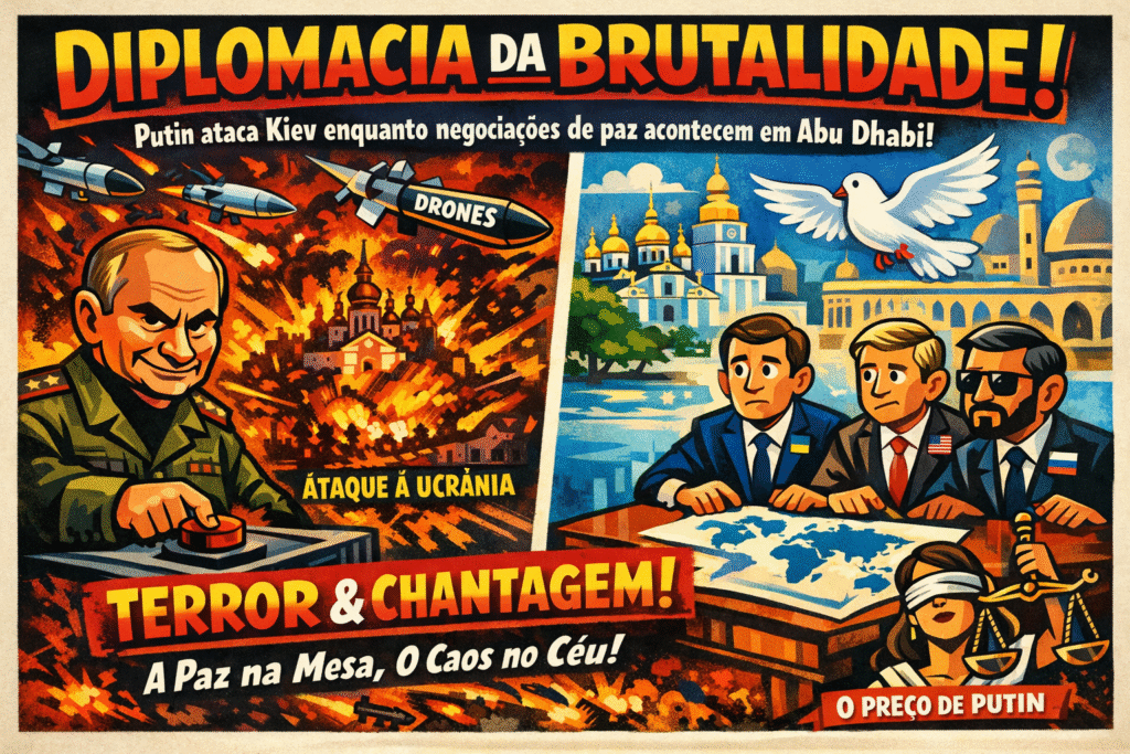 Negociadores em Abu Dhabi enquanto mísseis russos atingem Kiev - ilustração da chantagem militar de Putin
