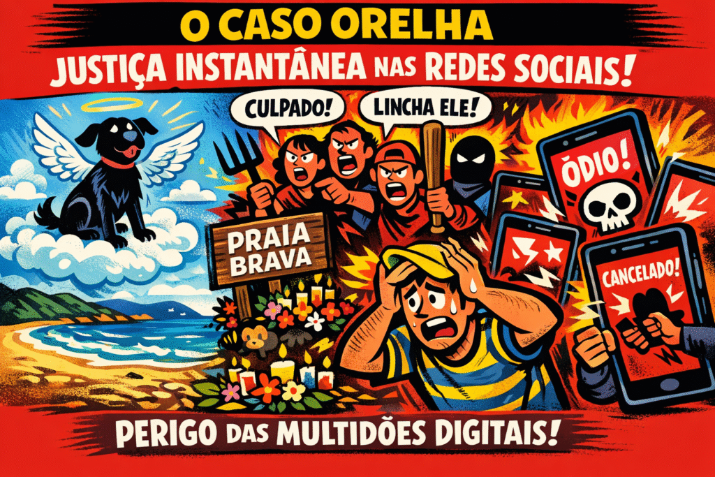 Protesto em memória do cachorro Orelha na Praia Brava, Florianópolis, expondo os riscos da justiça digital instantânea
