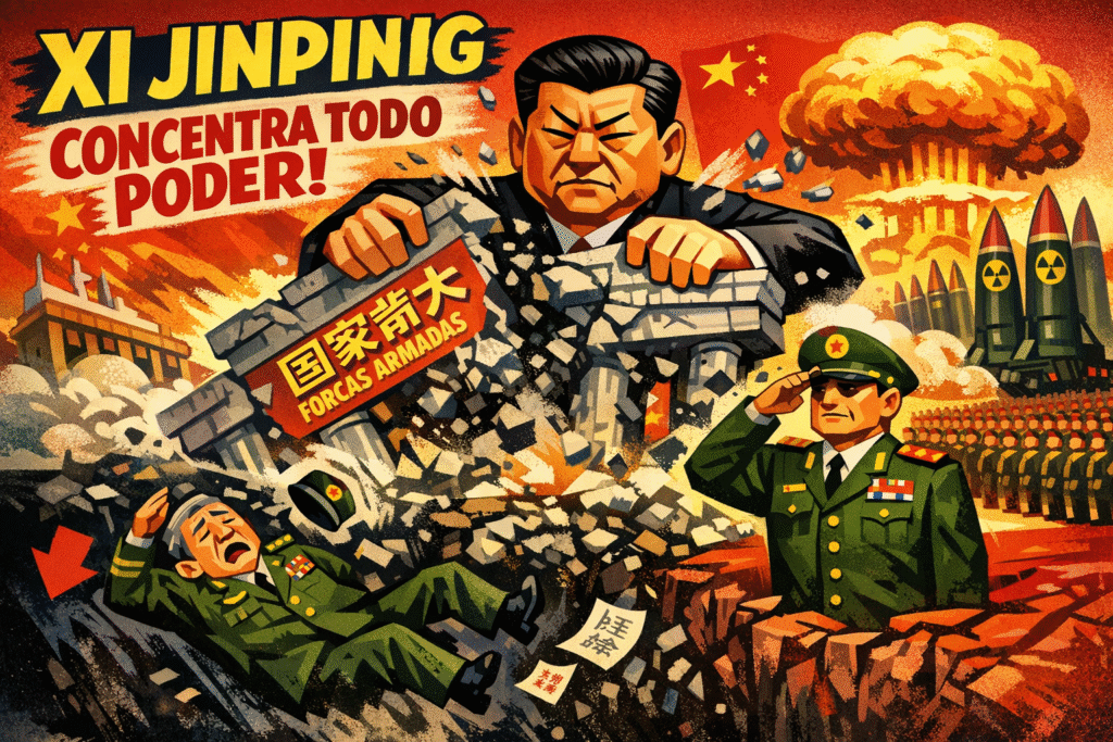 Xi Jinping em uniforme militar durante cerimônia oficial na China, simbolizando concentração de poder militar