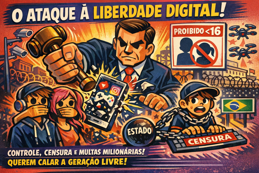 Jovens usando smartphones representando a liberdade digital ameaçada por regulamentação estatal