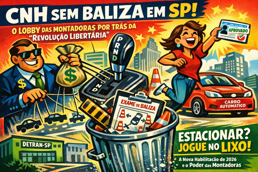 Carro fazendo baliza em autoescola com instrutor observando candidato durante exame prático para CNH