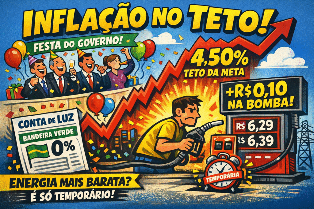 Gráfico mostra inflação IPCA no teto da meta de 4,5% em 2026 com destaque para aumento do ICMS nos combustíveis