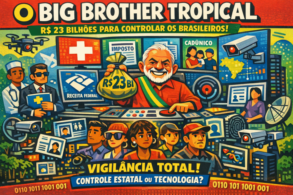 Ilustração de vigilância digital estatal com dados de brasileiros sendo processados por inteligência artificial