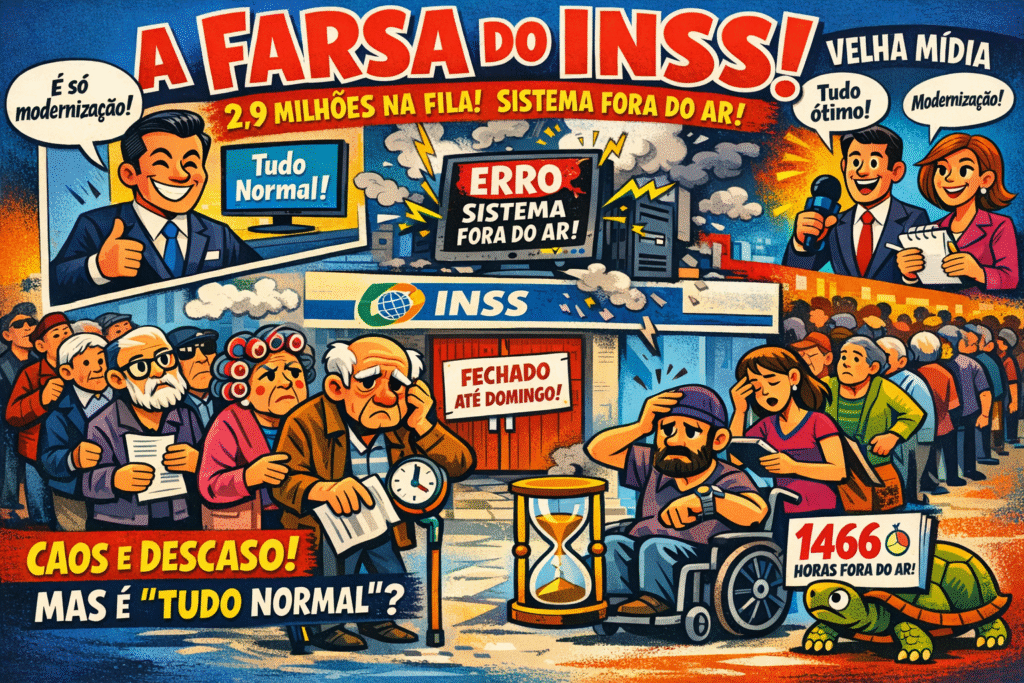 A farsa do INSS: 2,9 mi na fila, sistemas fora do ar por 2 meses e velha mídia só vê 'modernização'