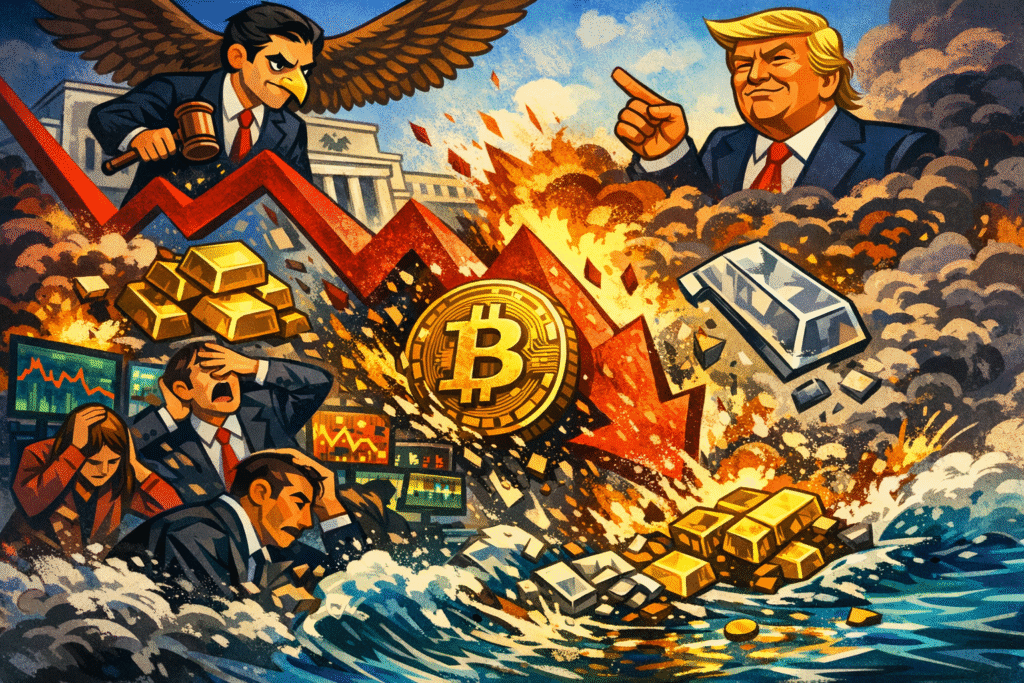 Bitcoin despenca junto com crash histórico de ouro e prata após nomeação de Kevin Warsh para o Federal Reserve