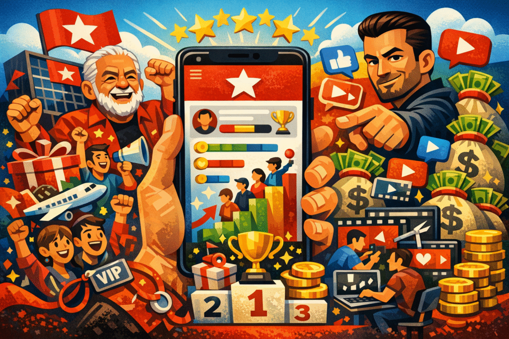 Logos do PT e de Pablo Marçal lado a lado representando aplicativos de gamificação política