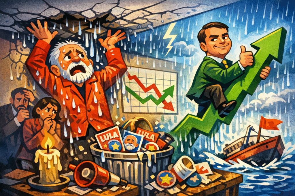 Lula discursando com expressão preocupada enquanto gráfico mostra queda nas pesquisas eleitorais para 2026