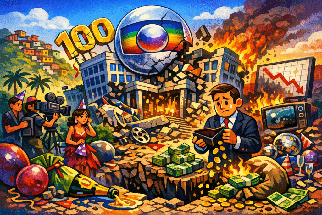 Logotipo da TV Globo representando a crise financeira e de audiência da emissora em 2025