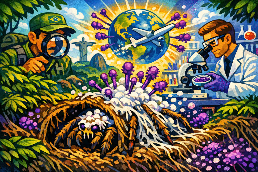 Fungo Purpureocillium atlanticum infectando aranha de alçapão na Mata Atlântica brasileira com estrutura roxa emergindo da toca