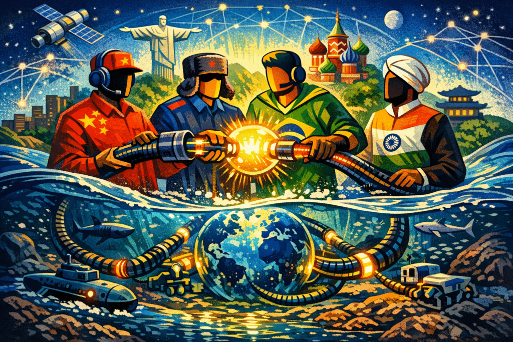 Mapa mostrando conexões de cabos submarinos entre países do BRICS para nova rede de internet independente